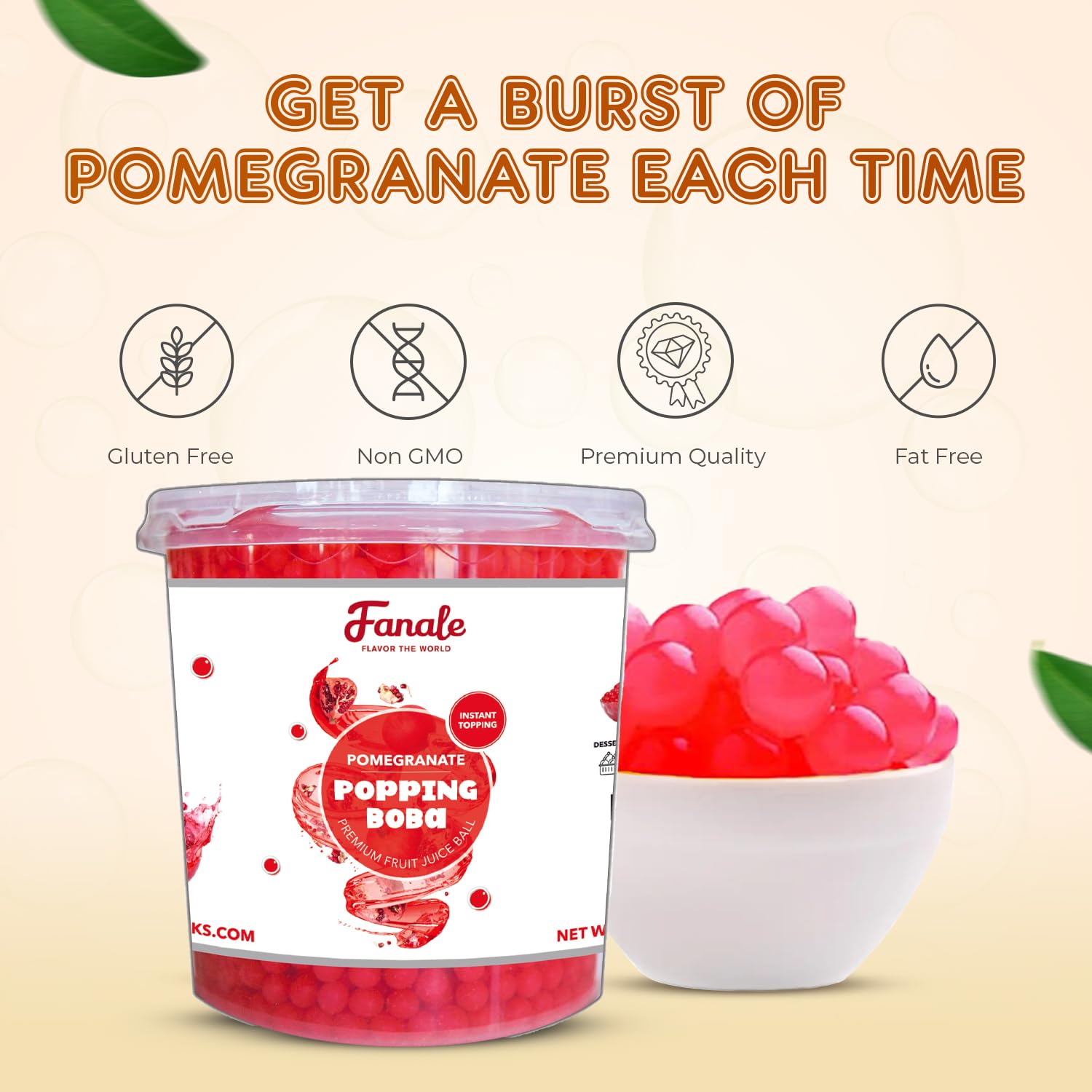 Fanale Pomegranate Popping Boba Pearls, Vegan, Non GMO, Gluten Free, Fat Free, Perfect for Bubble Tea, Smoothies, Ice Cream, Desserts, and Beverages.
