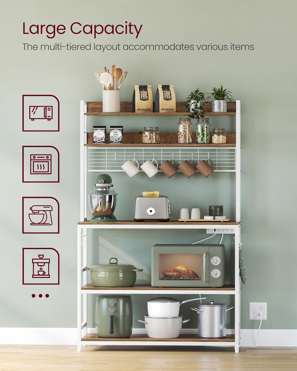 VASAGLE Hutch Bakers Rack with Power Outlet, 14 Hooks Microwave Stand, Adjustable Coffee Bar with Metal Wire Panel, Kitchen Storage Shelf, 15.7 x 39.4 x 66.9 Inches, Rustic Walnut and White UKKS038W41