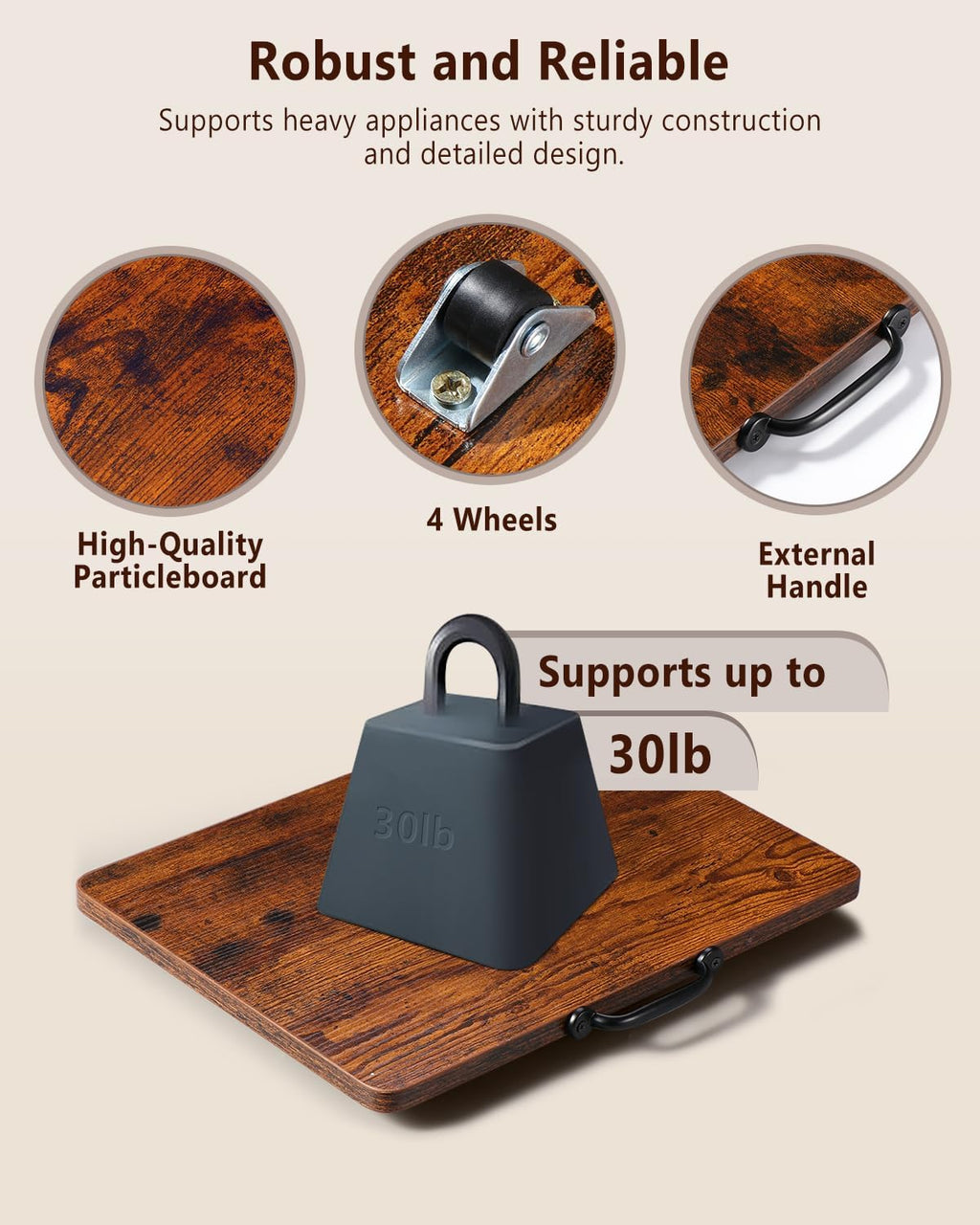 Appliance Slider, Sliding Tray for Coffee Maker, Coffee Pot Slider for Countertop, Kitchen Appliance Rolling Tray with Rubber Wheels (Rustic Brown, Medium - Wide (13” x 9.5”))