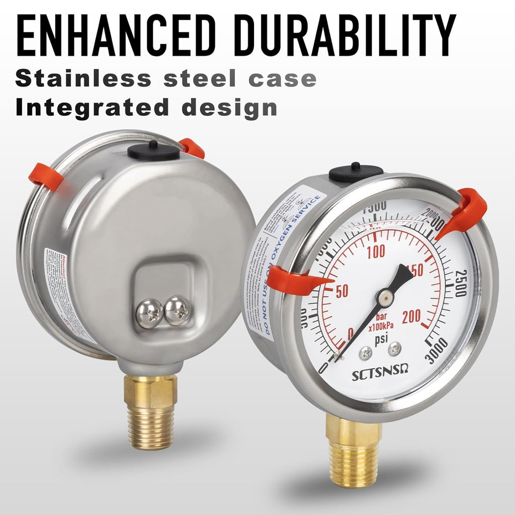 0 to 3000 Psi Pressure Gauge, Glycerin Liquid Filled, 2.5 inch Dial, 1/4" NPT Lower Mount, Stainless Steel Case, for Regulator, Brew Setup, Beer, Kombucha, HVAC, Hydraulic, High Pressure Test