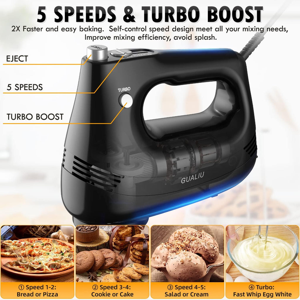 Electric Hand Mixer with Stainless Steel Whisk, Dough Hook Attachment and Storage Bag, Handheld Mixer for Baking Cakes, Eggs, Cream Food Mixers. Turbo Boost /5 Speed Kitchen Blender