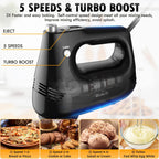 Electric Hand Mixer with Stainless Steel Whisk, Dough Hook Attachment and Storage Bag, Handheld Mixer for Baking Cakes, Eggs, Cream Food Mixers. Turbo Boost /5 Speed Kitchen Blender