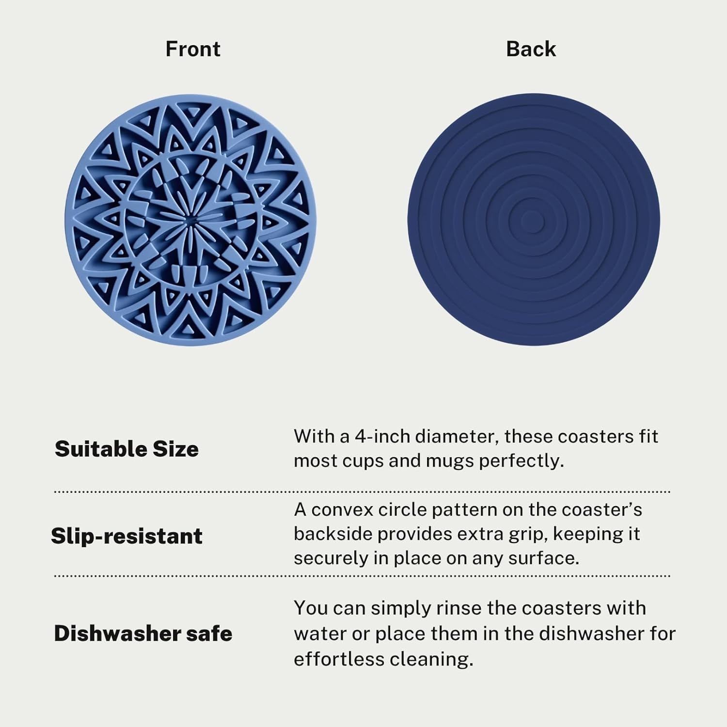 Set of 6 Navy Silicone Coasters with Holder, Drink Coasters with Tribal Pattern Shape- for Table Protection, Anti Slip, Nonstick, Heat Resistant, Deep Tray