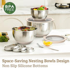 Mixing Bowles Set with Lids Set - Warp-Proof TPR-AS Lids, Stainless Steel Mixing Bowl with 3 Graters & Measuring Lines, Non-Slip Bowls for Baking, Prep, Airtight Food Storage (Khaki 5/3/2/1.5/0.63QT)