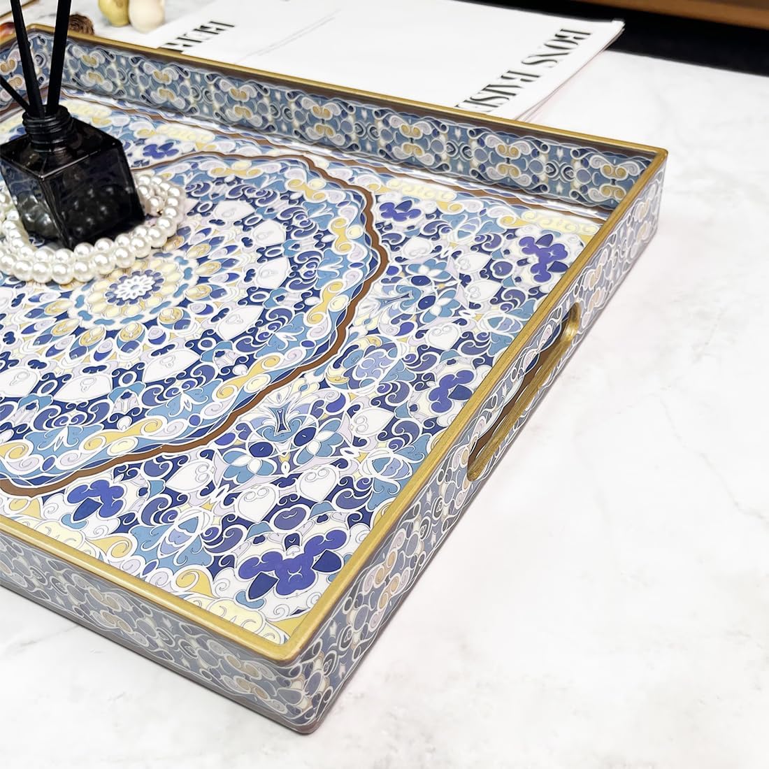 Boho Decorative Tray, Modern Blue Serving Tray with Handles, Ottoman Trays Set of 2, Plastic Coffee Table Tray for Living Room, Bathroom, Kitchen, Decor, Large 15.7”*11.8”, Small 13.7"*9.8"