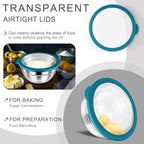 HaWare Mixing Bowls with Airtight Clear Lids, 6-Piece Stainless Steel Strong Nesting Bowls Set, Metal Salad Bowl for Cooking, Prepping, Baking, Serving & Food Storage, Size 4.6, 3, 1.5QT, Teal Blue