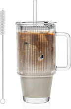 KEMORELA 24 Oz Ribbed Glass Tumblers with Lids and Straws, Tumbler Cup with Handle, Iced Coffee Glassware, Clear Reusable Drinkware for Smoothies and Beverages (1)