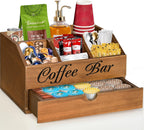 Coffee Bar Organizer Countertop, Wooden Bar Accessories With Drawer, Coffee Station Organizer Pods Holder Storage Basket, Farmhouse Tea Condiment Station