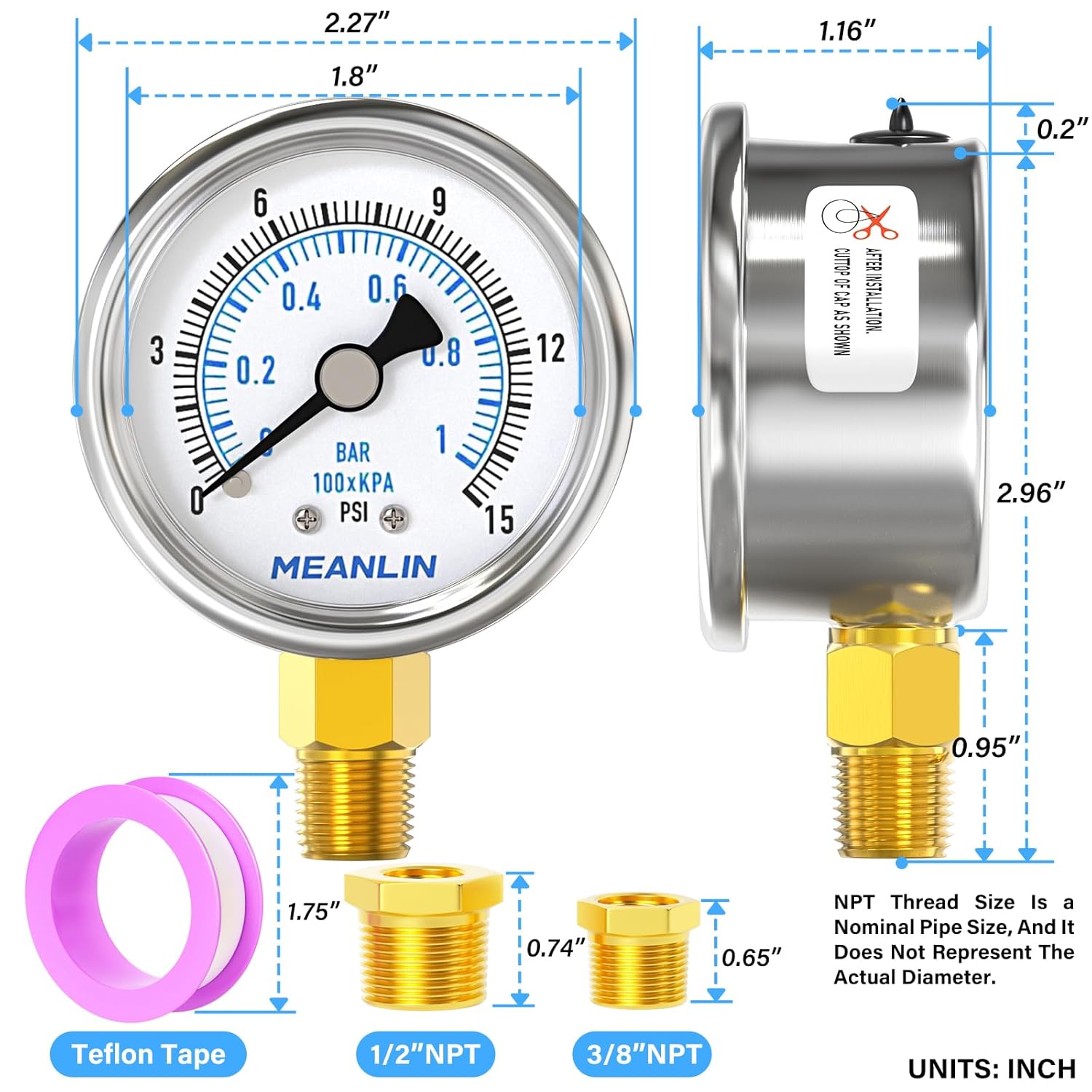 MEANLIN MEASURE 0~15Psi Dry Low Pressure Gauge Stainless Steel 1/4" NPT 2" FACE DIAL Waterproof for Water Oil Air Well Pump Tank Tire Pressure Test Lower Mount, with 1/2" NPT and 3/8" NPT Hex Bushing