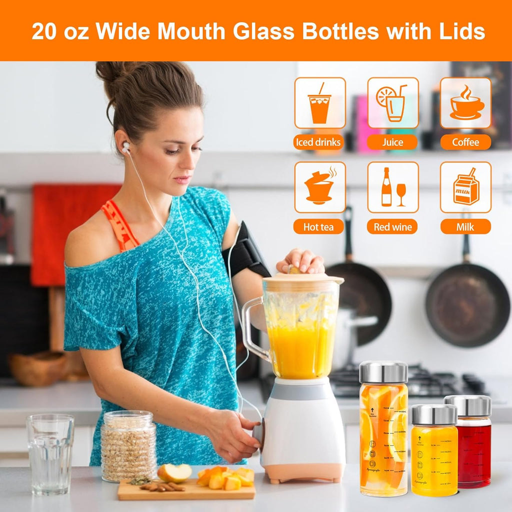 Glass Juice Bottles 4 Pack 20 oz - Wide Mouth Glass Water Bottles with Lids - for Juicing, Smoothies, Milk, Protein, BPA Free, Reusable, Stainless Steel Lids, Leak Proof, Shaker bottle [20oz/600ml]