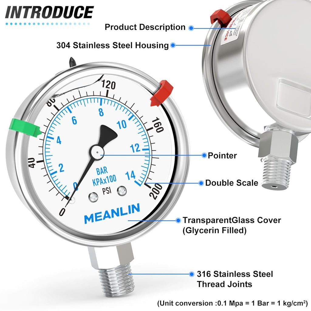 MEANLIN MEASURE 0~200Psi Liquid Filled Pressure Gauge Stainless Steel with 316 Stainless Steel Joint 1/4" NPT 2.5" FACE DIAL for Air Compressor Air Regulator Water Filter Lower Mount, with 2PCS Snaps