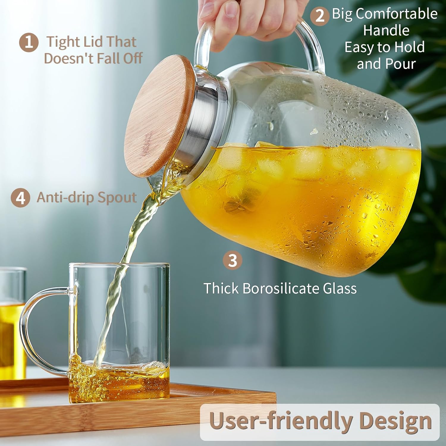2L 68OZ Glass Pitcher with Lid and Spout, Water Jug, Glass Water Pitcher Carafe for Hot/Cold Water 2000ml for Fridge, Large Iced Tea Jug for Homemade Beverage
