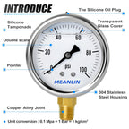 MEANLIN MEASURE 0~100Psi Stainless Steel 1/4" NPT 2.5" Single Scale FACE DIAL, Glycerin Filled Pressure Gauge, WOG Water Oil Air, Lower Mount, with 1/2" NPT and 3/8" NPT Hex Bushing