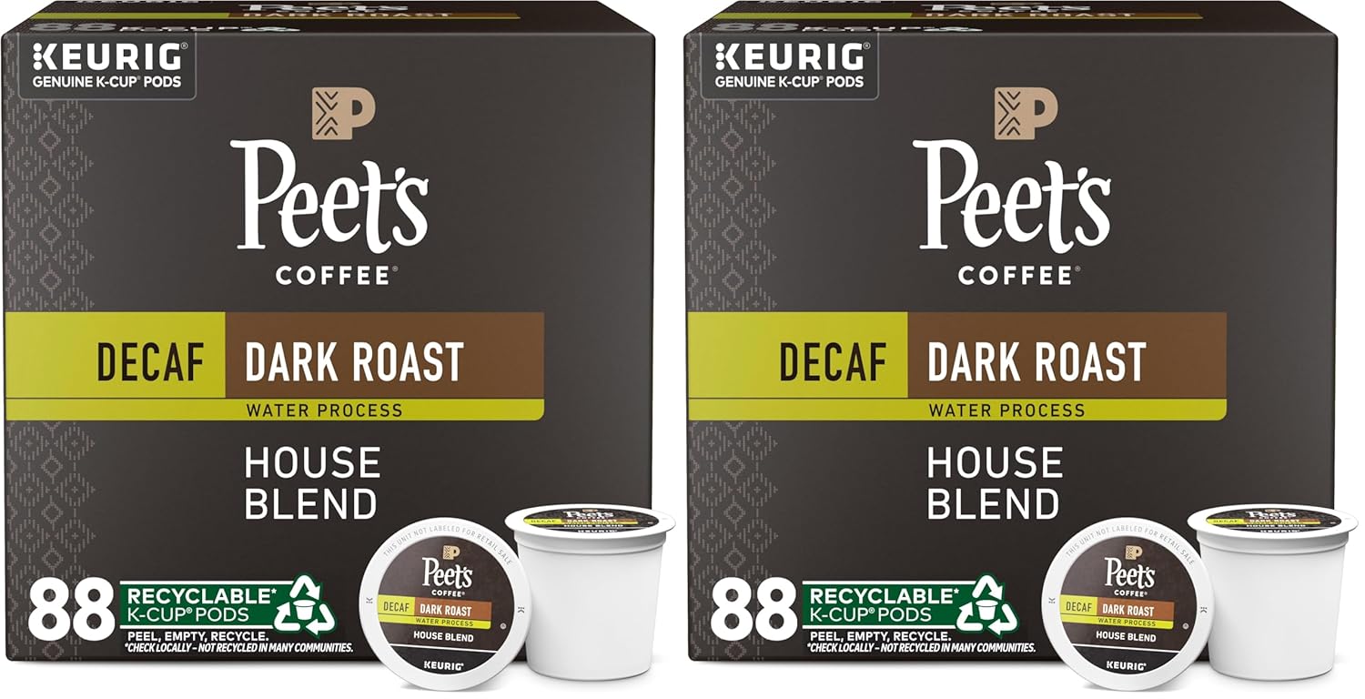 Peet's Coffee, Dark Roast Decaffeinated Coffee K-Cup Pods for Keurig Brewers - Decaf House Blend 88 Count (4 Boxes of 22 K-Cup Pods) (Pack of 2)
