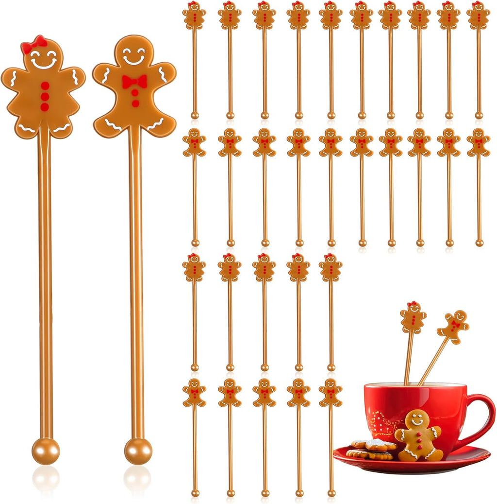 30 Pcs Christmas Drink Stirrers Xmas Stir Stick Holiday Coffee Swizzle Stick Reusable Plastic Hot Cocoa Bar Chocolate Decoration Cocktail Mixer(Gingerbread Couple,Elegant Color)