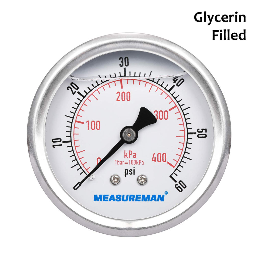 MEASUREMAN 2-1/2inch Dial Size, Liquid Filled Pressure Gauge, 0-60psi/400kpa, 304 Stainless Steel Case, 1/4inchNPT Back Mount