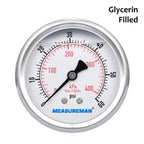 MEASUREMAN 2-1/2inch Dial Size, Liquid Filled Pressure Gauge, 0-60psi/400kpa, 304 Stainless Steel Case, 1/4inchNPT Back Mount
