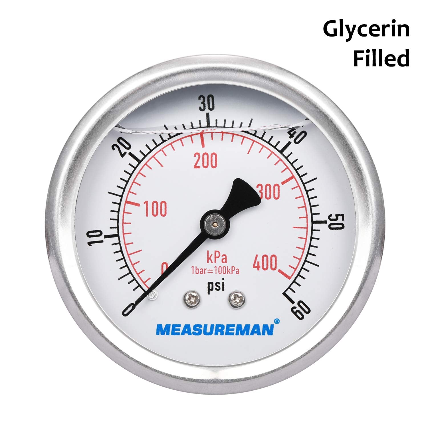 MEASUREMAN 2-1/2inch Dial Size, Liquid Filled Pressure Gauge, 0-60psi/400kpa, 304 Stainless Steel Case, 1/4inchNPT Back Mount