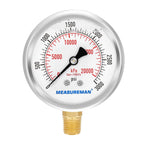 MEASUREMAN 2-1/2" dial,Glycerin Filled, Stainless Steel case, Brass Inside, 0-3000psi/kpa,1/4" NPT Lower Mount