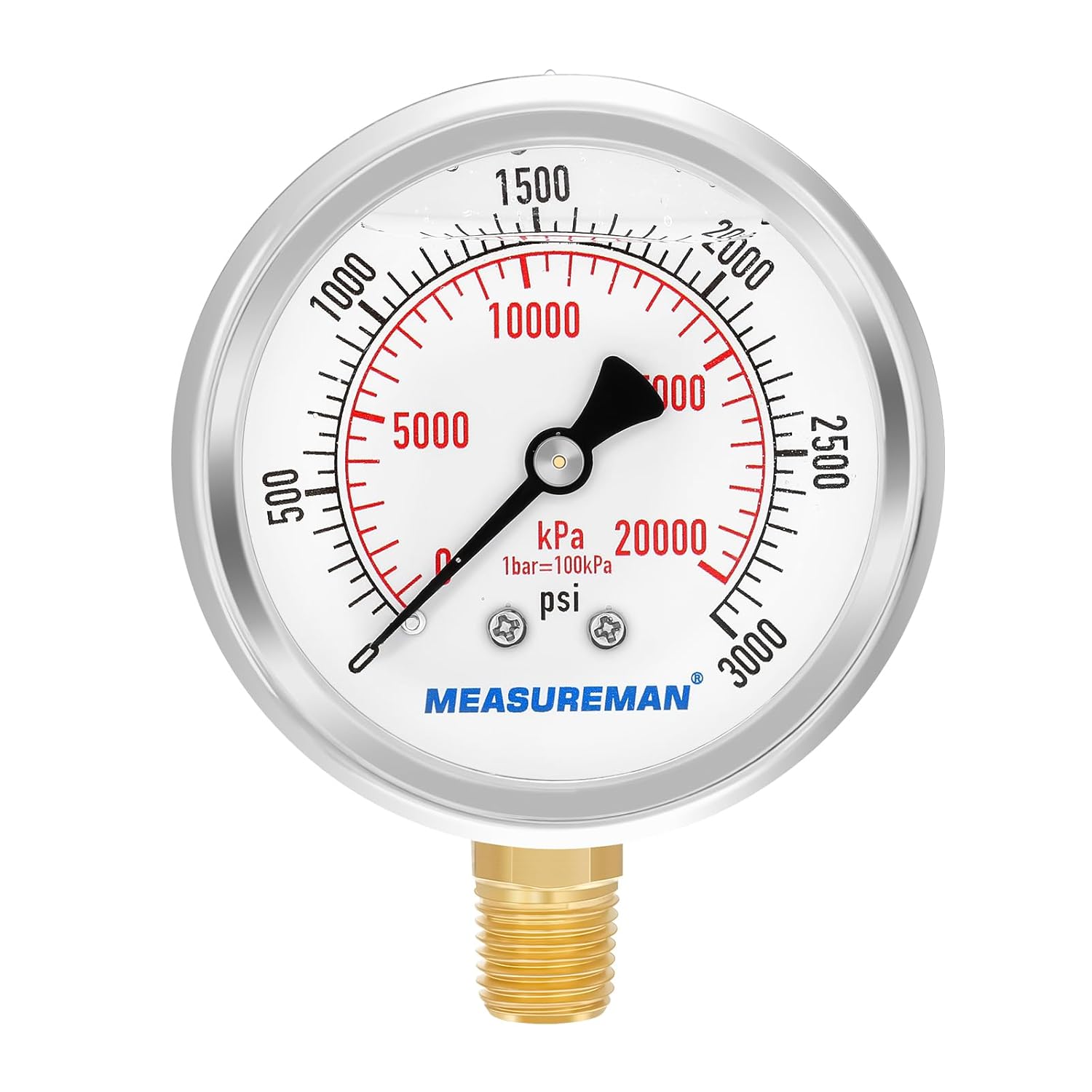 MEASUREMAN 2-1/2" dial,Glycerin Filled, Stainless Steel case, Brass Inside, 0-3000psi/kpa,1/4" NPT Lower Mount