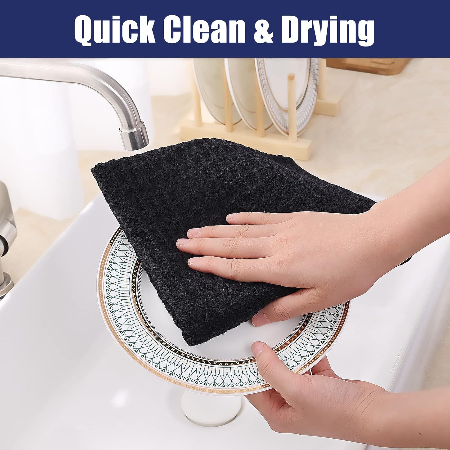 Homaxy Microfiber Waffle Weave Kitchen Towels, 16 x 28 Inch Ultra Absorbent and Solid Color Dish Towels, 4 Pack, Black