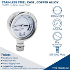 SENCTRL 20 Psi Pressure Cooker Gauge Replacement Part, 2" Dial Size, Stainless Steel Case, 3/8" UNC Male Lower Mount, Waterproof, with Gasket, Metal Washer and Nut, for Steam Canner, Pressure Cooker