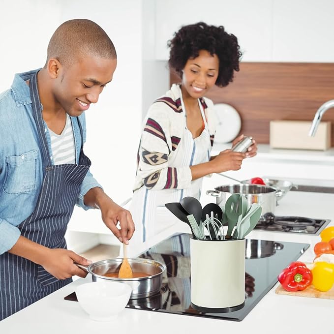 Kitchen Utensil Holder - 360° Rotating Stainless Steel Countertop Organizer for Spoons, Spatulas & Cutlery Storage, Cooking Silverware Caddy with Removable Base, Beige