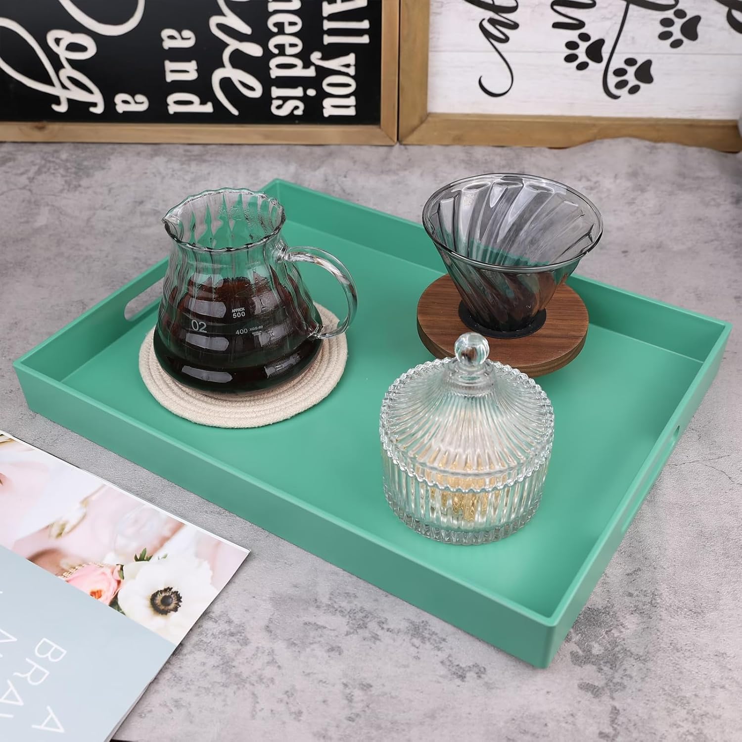 Green Serving Tray for Coffee Table, Rectangular Plastic Decorative Tray with Handles for Entertaining, Outdoor Patio, Living Room, Ottoman, Bathroom Counter, 11.8”*15.7”*1.6”