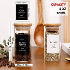 24 Pcs Glass Jars With 296 Spice Labels Preprinted of White and Black Color- 4oz Thicken(2.4mm) Empty Small Herb Seasoning Containers With Bamboo Airtight Lids