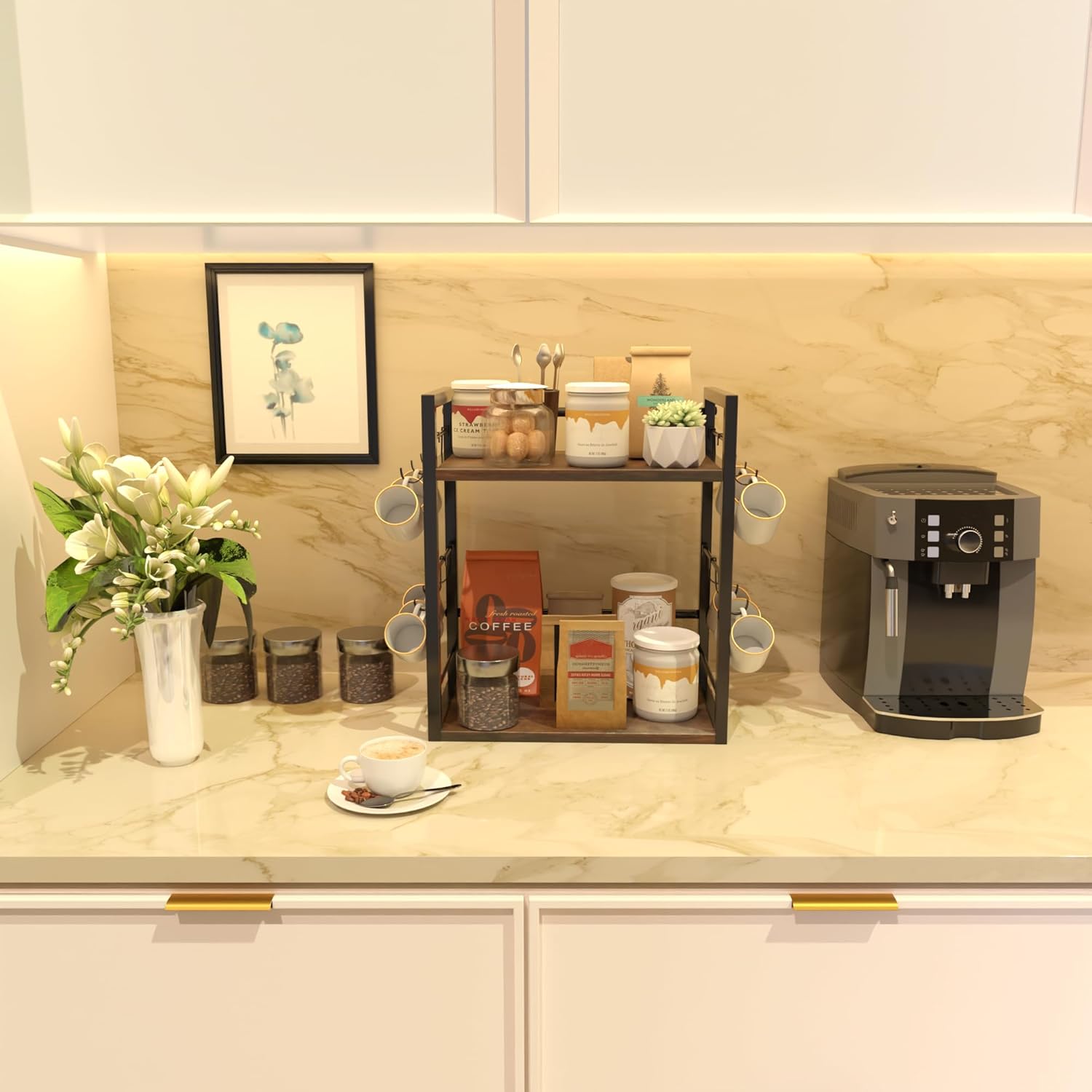 Dorhors 2 Tier Coffee Bar Accessories and Organizer,Multi-functional Mug Holder with 12 Hooks,Wood Coffee Station Organizer,Kitchen Countertop Shelf