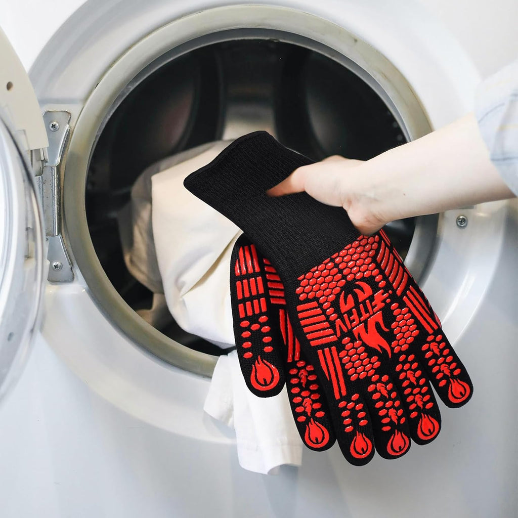 BBQ Gloves, Oven Gloves, Extreme Heat Resistant Barbecue Gloves, Silicone Non-Slip Oven Mitts, Kitchen Gloves for Cooking, Grilling, and Baking (Red)