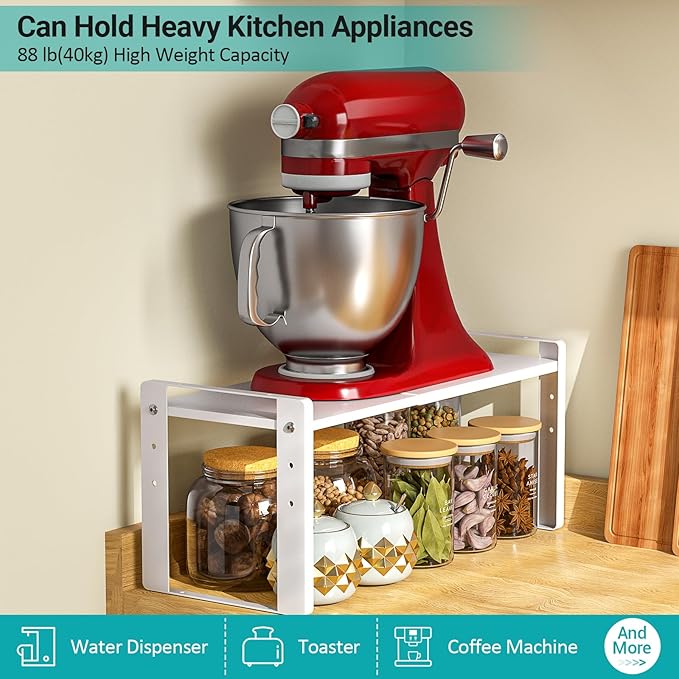 2 Pack Expandable Cabinet Organizer Shelves, 88lbs High Weight Capacity, Stackable Heavy-Duty Metal Storage Rack, Adjustable Cabinet Shelf for Kitchen, Pantry, Cupboard, Under Sink, White