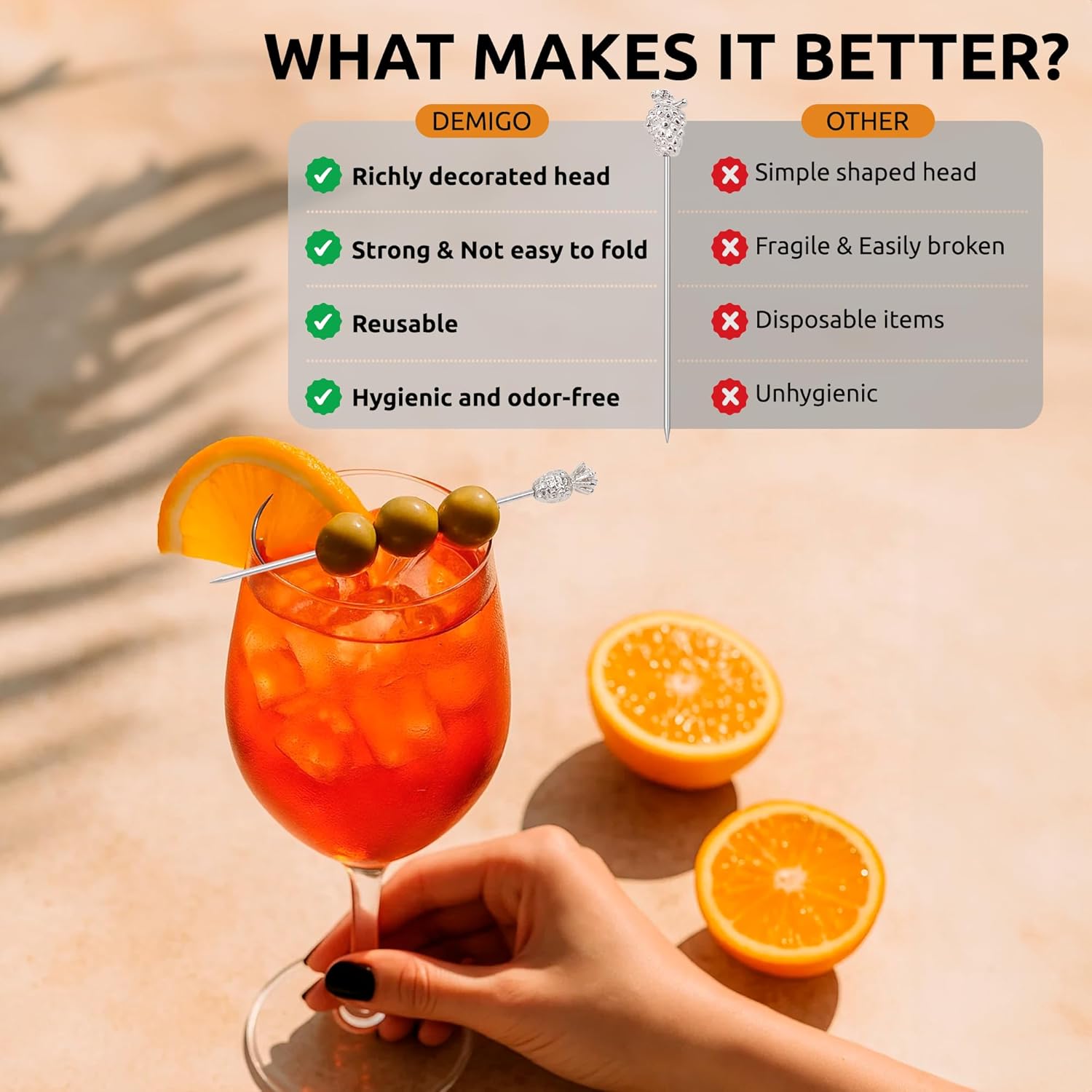 DEMIGO Fruit-Shaped Cocktail Picks, 8 Stainless Steel Reusable Skewers with Tropical Toppers - Olive Stuffers Martini Picks set Fruit Toothpicks Garnish Skewers Appetizer Drink Stick