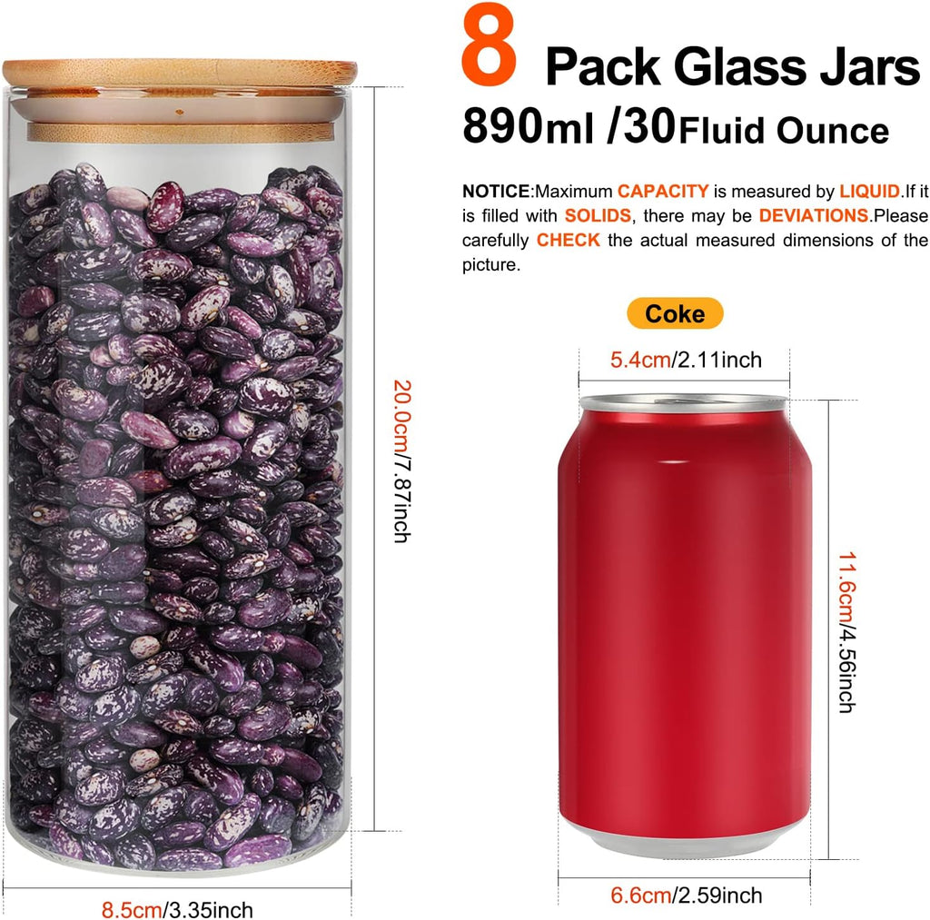 Glass Food Storage Containers Jars with Airtight Bamboo Lid 30 oz 8 pcs, 890 ml Pantry Organization Jar, Glass Terrarium with Lid, Spice, Flour and Sugar Container, Canister Set for Kitchen Counter