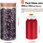Glass Food Storage Containers Jars with Airtight Bamboo Lid 30 oz 8 pcs, 890 ml Pantry Organization Jar, Glass Terrarium with Lid, Spice, Flour and Sugar Container, Canister Set for Kitchen Counter