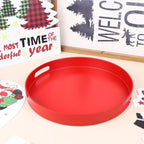 Round Red Decorative Serving Tray with Handles, 13” Versatile Ottoman Tray for Coffee Table, Entertaining, Outdoor Patio, Living Room