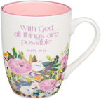 Christian Art Gifts Inspirational Ceramic Coffee & Tea Scripture Mug for Women: All Things are Possible Encouraging Bible Verse, Cute Microwave & Dishwasher Safe Drinkware, White & Pink Floral, 12 oz.