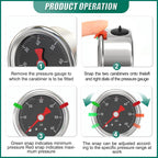 0-60PSI Stainless Steel Glycerin Filled Pressure Gauge 1.5" Black Dial Size, 1/8" NPT Lower Mount, for Tube, Water Pump, Gas, Liquid, Pressure Test (with Range Mark Pointer)