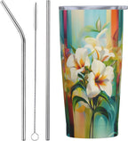 Floral Tumbler with Lid and Straw 20oz Coffee Tumblers Leakproof Stainless Steel Travel Mug Vacuum Insulated Cup for Iced and Hot