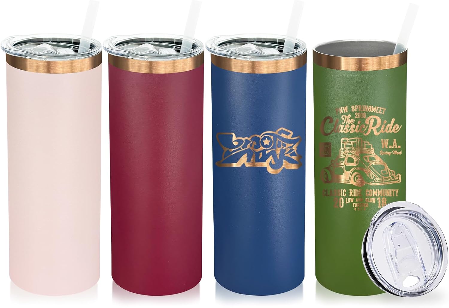 20 oz Skinny Tumblers Bulk 4 Pack, Stainless Steel Insulated Tumbler with Lids and Straws, Slim Double Wall Powder Coated Travel Coffee Mugs Reusable Cup for Hot Cold Drinks (Mixed,4 pack)