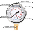 Glycerin Filled Low Pressure Gauge 50psi/3.5bar, Stainless Steel case, Brass Inside Construction, 2-1/2" dial, 1/4" NPT Rear Connection.