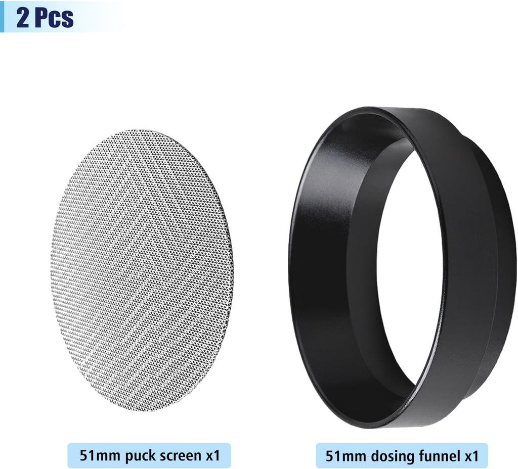 51mm Espresso Dosing Funnel and Puck Screen Set, Espresso Coffee Dosing Ring & 1.7mm 316 Stainless Steel Espresso Portafilter for Coffee Portafilter Filter Basket
