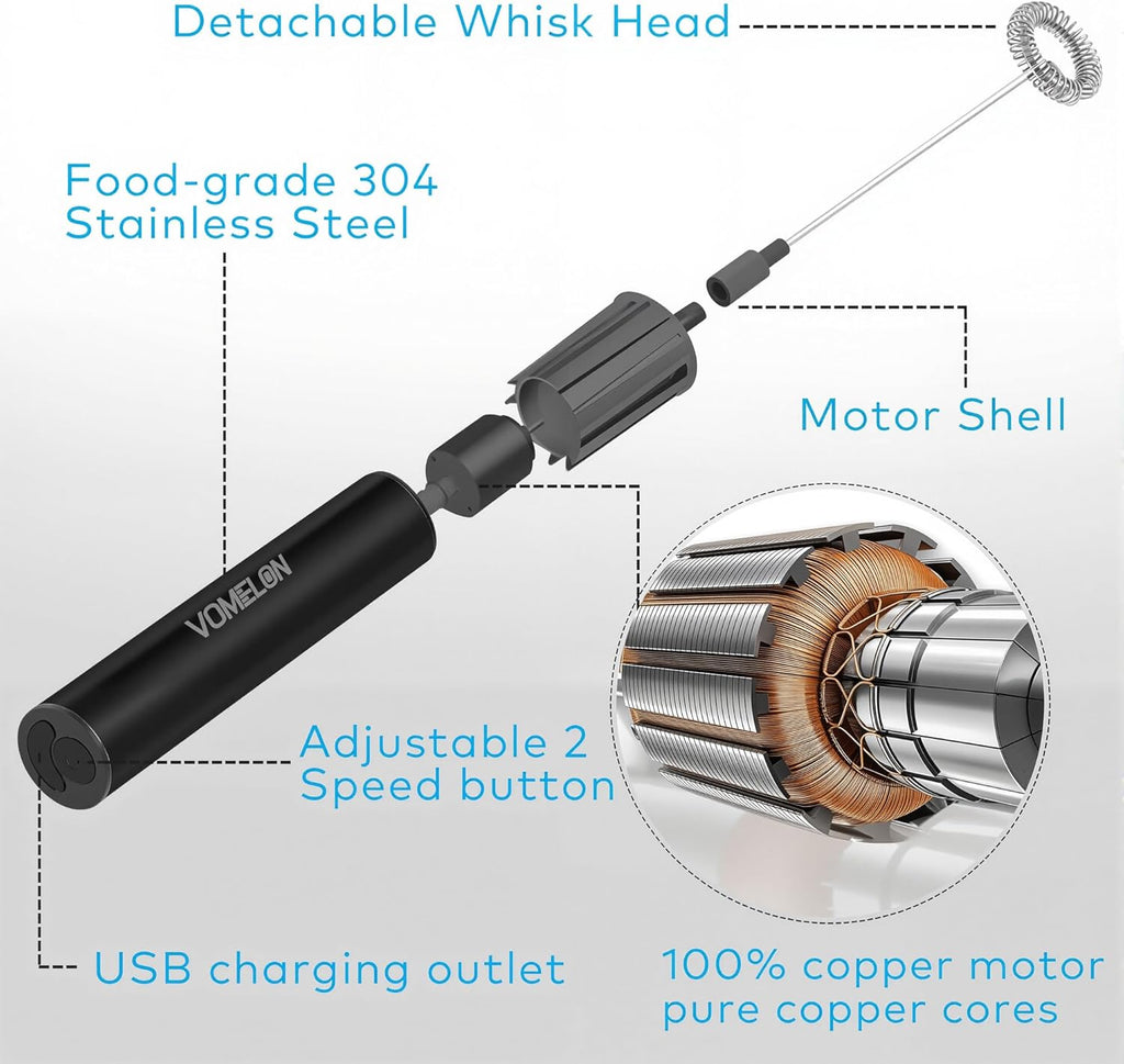 Rechargeable Milk Frother Handheld Electric Frother Wand Milk Foamer Drink Mixer for Coffee, Lattes, Cappuccino, and Egg, Stainless Steel for Travel-Black