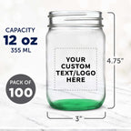 DISCOUNT PROMOS Custom Decorating Mason Jars 12 oz. Set of 100, Personalized Bulk Pack - Glass Jars for Overnight Oats, Candies, Fruits, Pickles, Spices, Beverages - Green