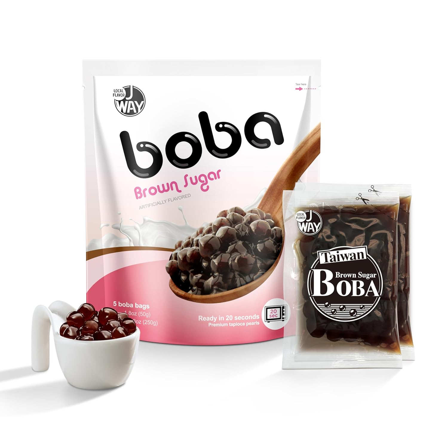 J WAY BOBA Authentic Instant Tapioca Boba Pearls for Milk Tea, Smoothies and Desserts, Brown Sugar Flavor (Ready in Just 20 Seconds) - 5 Servings
