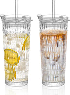KEMORELA 18oz Glass Tumbler Set of 2 with Straw and Lid – Durable, Leak-Proof, Wide-Mouth Design – Perfect for Iced Beverages, Smoothies, and Daily Hydration Needs