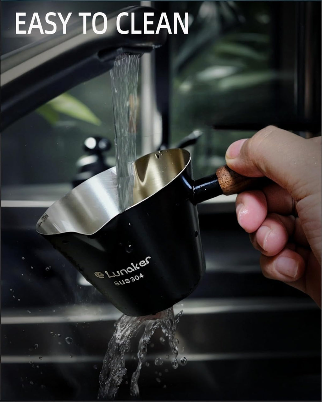 Stainless Steel Espresso Cup - Espresso Shot Cup with Wooden Handle -Measuring Cup with Double Spouts - 4.1OZ/120ML, Black