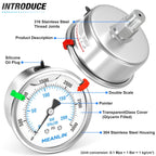 MEANLIN MEASURE 0~3000Psi Stainless Steel Liquid Filled Pressure Gauge 2.5" FACE DIAL 1/4" NPT for WOG Water Oil Air Back Mount with Stainless Steel Hex Bushing and Snaps