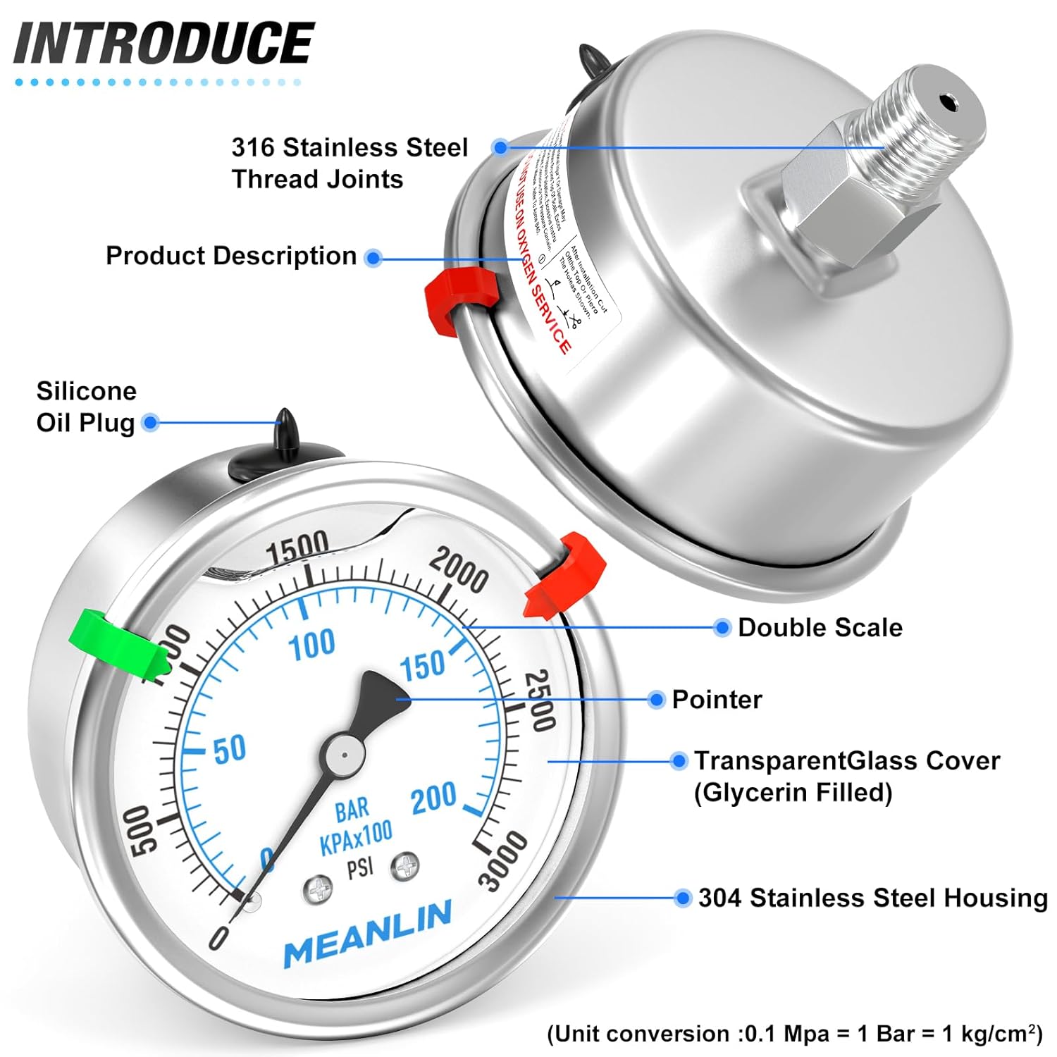MEANLIN MEASURE 0~3000Psi Stainless Steel Liquid Filled Pressure Gauge 2.5" FACE DIAL 1/4" NPT for WOG Water Oil Air Back Mount with Stainless Steel Hex Bushing and Snaps