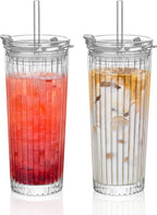 KEMORELA Ribbed Glass Tumbler with Straw and Lid – 18oz Durable Leak-Proof Drinking Cup for Hot and Cold Beverages – Stylish Design, Ideal for Iced Coffee, Smoothies, and More (2PCS-A)